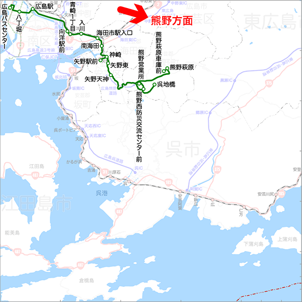 広島～熊野方面（向洋経由）-路線図
