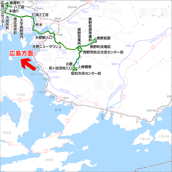 広島～熊野・焼山方面（東雲経由）-路線図