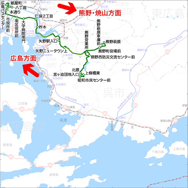 広島～熊野・焼山方面（東雲経由）-路線図