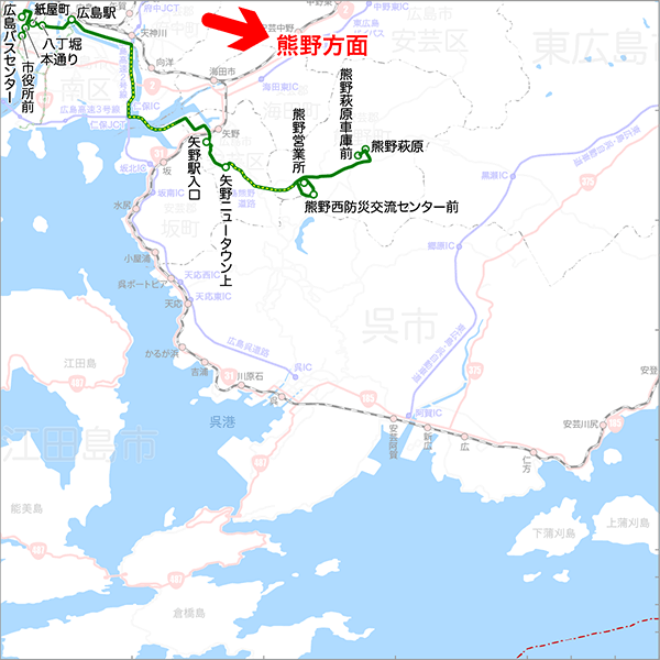 広島～熊野方面（高速2号経由）-路線図