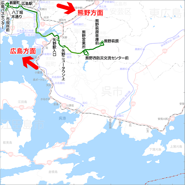 広島～熊野方面（高速2号経由）-路線図