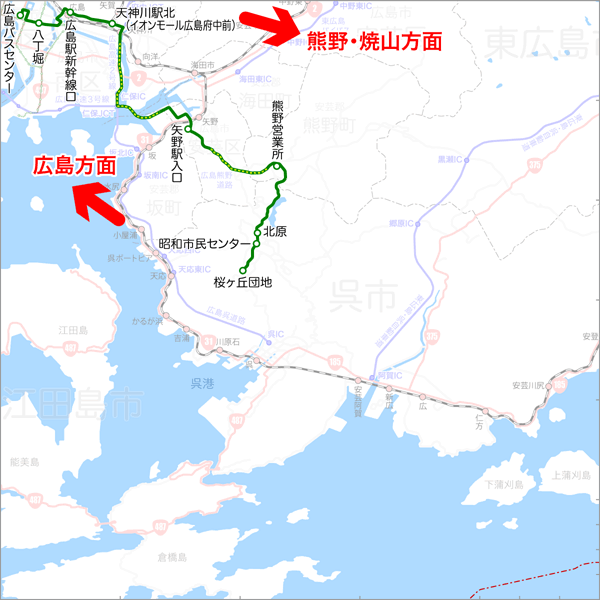 広島～熊野・焼山方面（新幹線口経由）-路線図