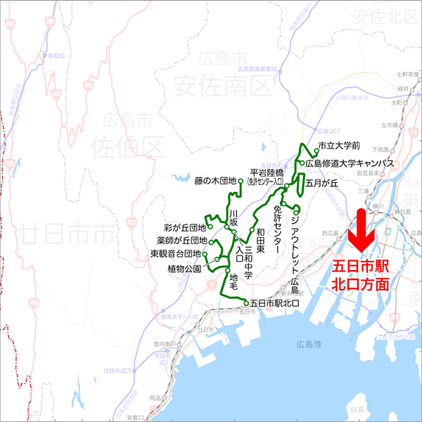 五日市駅北口発着（岡の下橋経由）-路線図