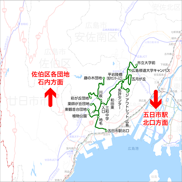 五日市駅北口発着（岡の下橋経由）-路線図