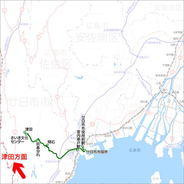 宮内串戸駅・廿日市市役所前駅発着（佐伯線）-路線図