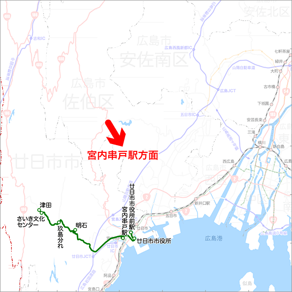 宮内串戸駅・廿日市市役所前駅発着（佐伯線）-路線図