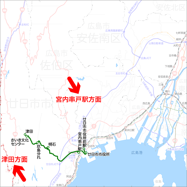 宮内串戸駅・廿日市市役所前駅発着（佐伯線）-路線図