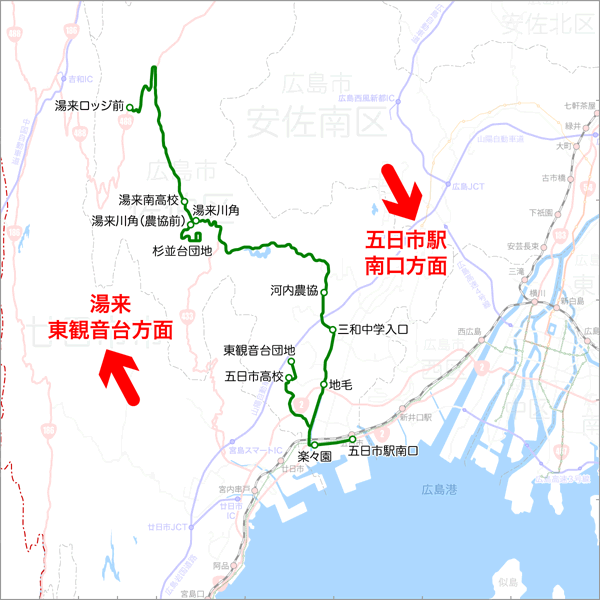 五日市駅南口発着（東観音台線・湯来線）-路線図